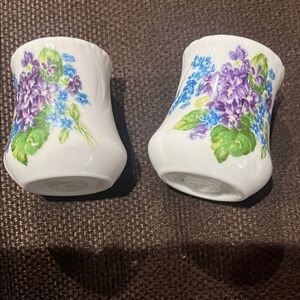 Floral Ceramic salt and pepper shakers - White with Purple and Blue Accents